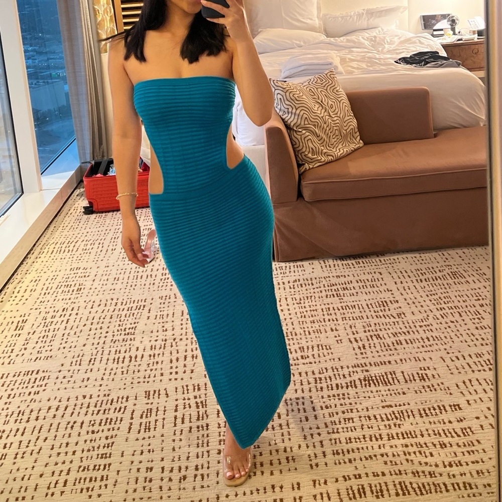 Strapless Blue Textured Tube Midi Dress From Runaway the Label